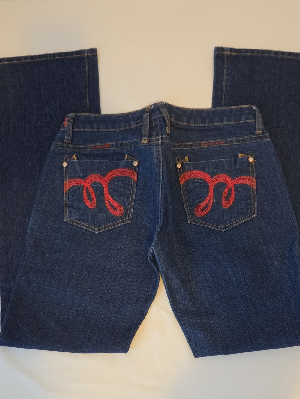 Dark Blue Boot Cut Women’s Jeans with Red Pocket Embroidery